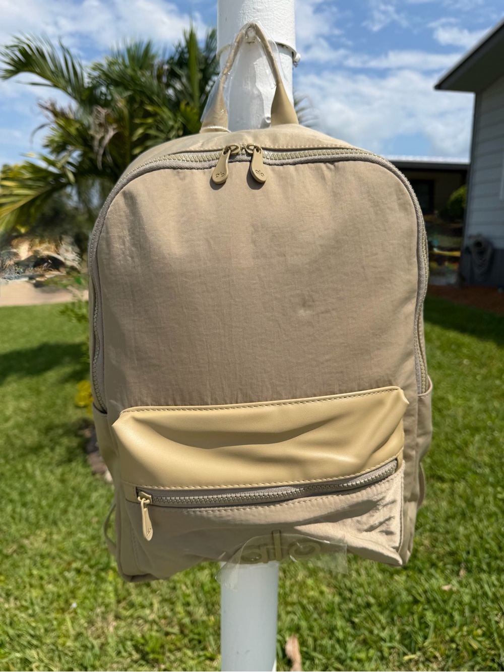 ALO Yoga Beige Khaki Backpack with Pale green Trim